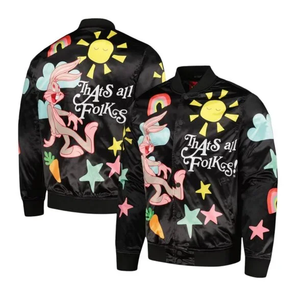 Looney Tunes Bugs Bunny Satin Snap Bomber Jacket Black Freeze Max Men's - Picture 1 of 3